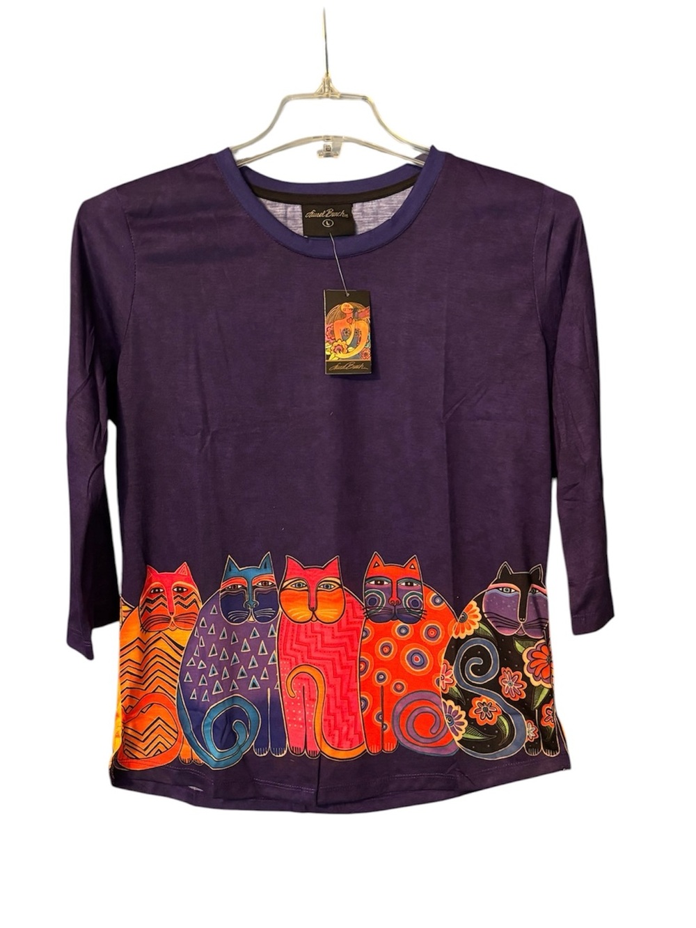 Laurel Burch Purple Cat-Print 3/4 Sleeve Top New With Tag Large